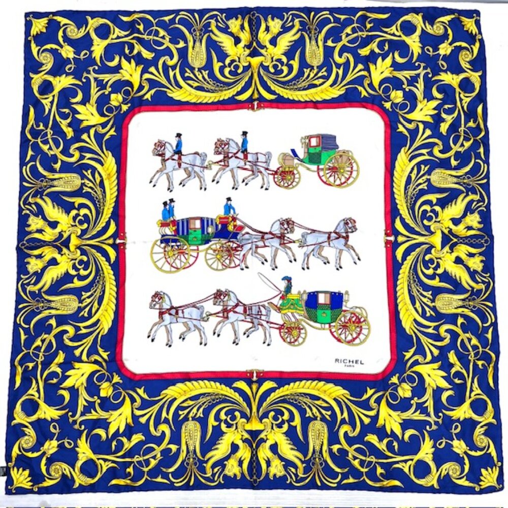 RICHEL Paris Silk Satin Scarf 34" blue gold white horse carriage, Italy Made(57 - Picture 9 of 9